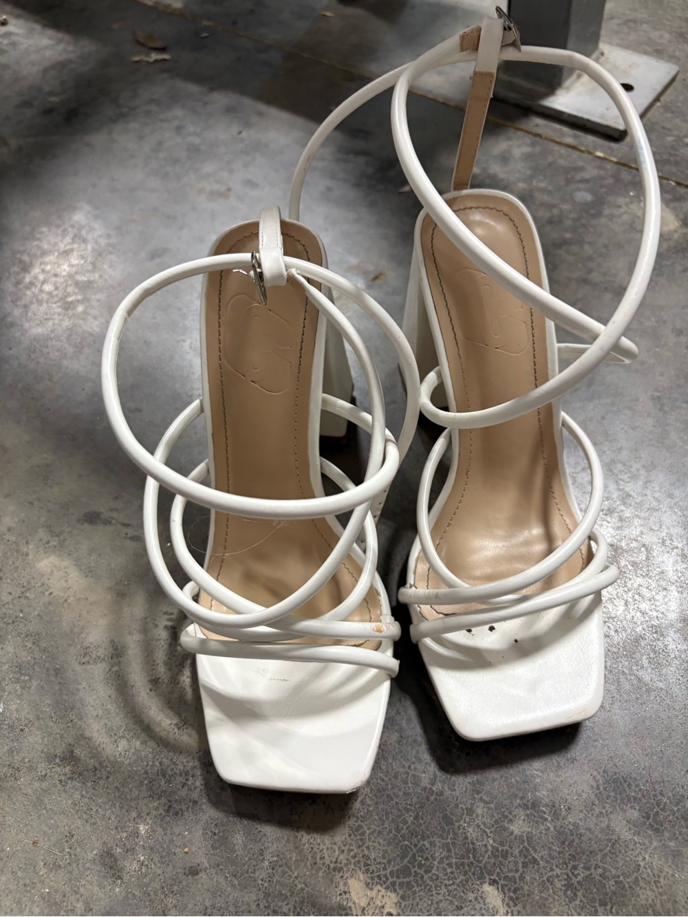 Strappy Square-Toe White Heeled Sandals